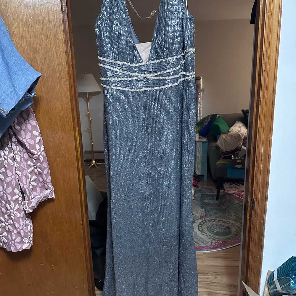 Mac Duggal Gray Sequin Dress with crisscross rhinestone belt storm